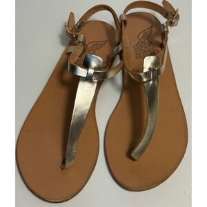 Ancient Greek Lito Sandals Gold Metallic Leather Thong Ankle Strap Flat Size 39
